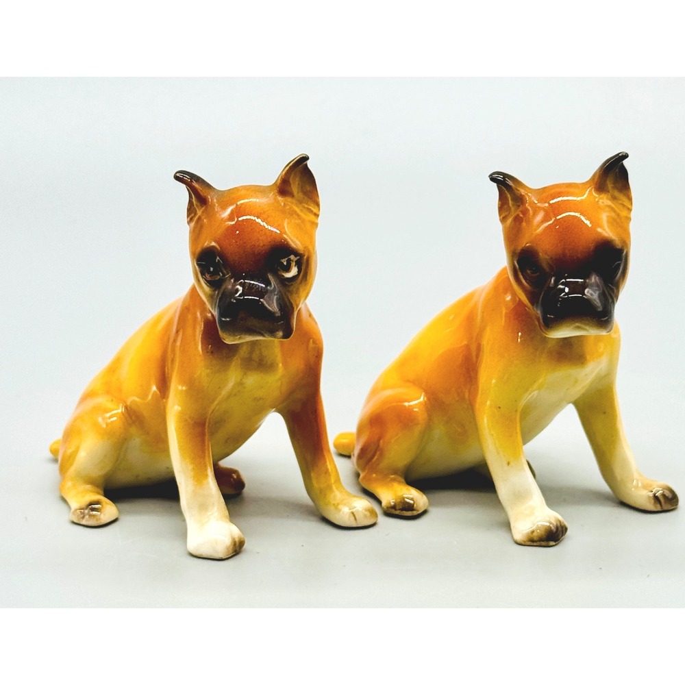 Vintage Boxer Dog Figurines Brown Ceramic Japan Lot of 2 A230 Mid Century
